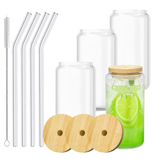 Set of 4 Can-Shaped 16 Oz Glass Drinking Cups with Bamboo Lids and Glass Straws - Ideal for Whiskey, Soda, Tea, and Water - Elegant Gift Set